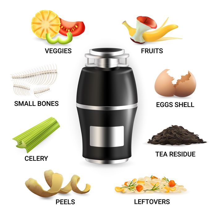 Food waste disposer and kitchen scraps, vector isolated illustration